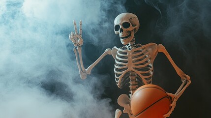 Skeletal Basketball Victory. Bones Show Peace While Holding Basketball In A Spooky Fog.